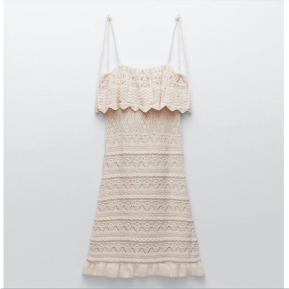 RARE, NWOT! Zara Ruffled Knit Mini Dress w Tie Strap, Cream, M / L - Picture 3 of 11